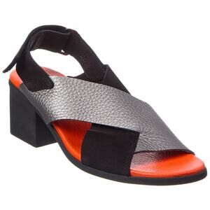 Arche Vayest Sandals 8 Metallic Silver Black Nubuck Leather Slingback Block Heel